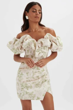 Carrie Bonded Satin Bardot Mini Dress In Green Porcelain Print<Lavish Alice Best