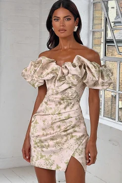 Carrie Bonded Satin Bardot Mini Dress In Green Porcelain Print<Lavish Alice Best