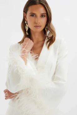 Celia Feather Cuff Blazer Jacket In White<Lavish Alice Flash Sale