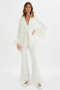 Celia Feather Cuff Blazer Jacket In White<Lavish Alice Flash Sale