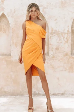 Celine One Shoulder Pleat Detail Midi Dress In Orange<Lavish Alice Outlet