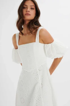 Charli Off Shoulder Broderie Dress In White<Lavish Alice Cheap