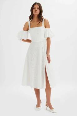 Charli Off Shoulder Broderie Dress In White<Lavish Alice Cheap