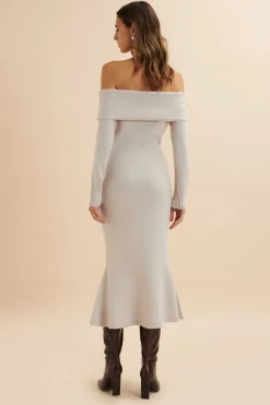 Clover Knitted Wool Bardot Midi Dress In Stone<Lavish Alice Store