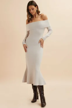 Clover Knitted Wool Bardot Midi Dress In Stone<Lavish Alice Store