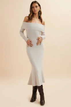 Clover Knitted Wool Bardot Midi Dress In Stone<Lavish Alice Store