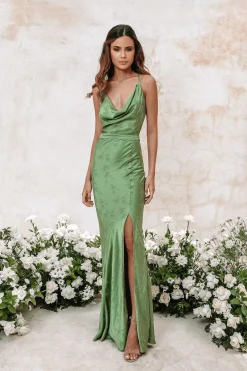 Daniella Satin Jaquard Cowl Neck Maxi Dress In Green<Lavish Alice Cheap