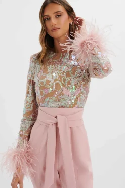 Delia Embellished Feather Cuff Jumpsuit In Pink<Lavish Alice Online