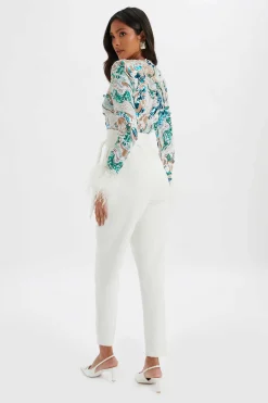Delia Embellished Feather Cuff Jumpsuit In White<Lavish Alice Shop