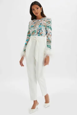 Delia Embellished Feather Cuff Jumpsuit In White<Lavish Alice Shop