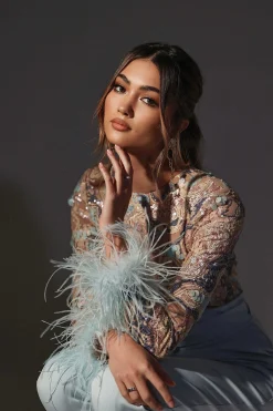 Delia Embellished Feather Cuff Jumpsuit In Blue<Lavish Alice Cheap