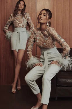 Delia Embellished Feather Cuff Jumpsuit In Blue<Lavish Alice Cheap