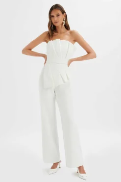 Elara Asymmetric Pleated Frill Straight Leg Jumpsuit In White<Lavish Alice Discount