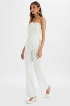Elara Asymmetric Pleated Frill Straight Leg Jumpsuit In White<Lavish Alice Discount