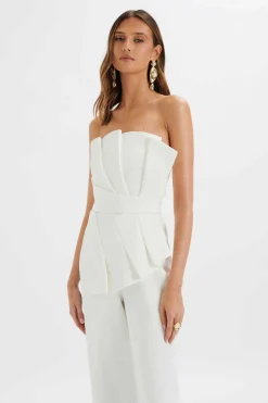 Elara Asymmetric Pleated Frill Straight Leg Jumpsuit In White<Lavish Alice Discount