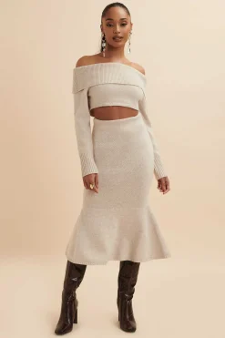 Eleni Knitted Wool Fit & Flare Midi Skirt In Stone<Lavish Alice Store