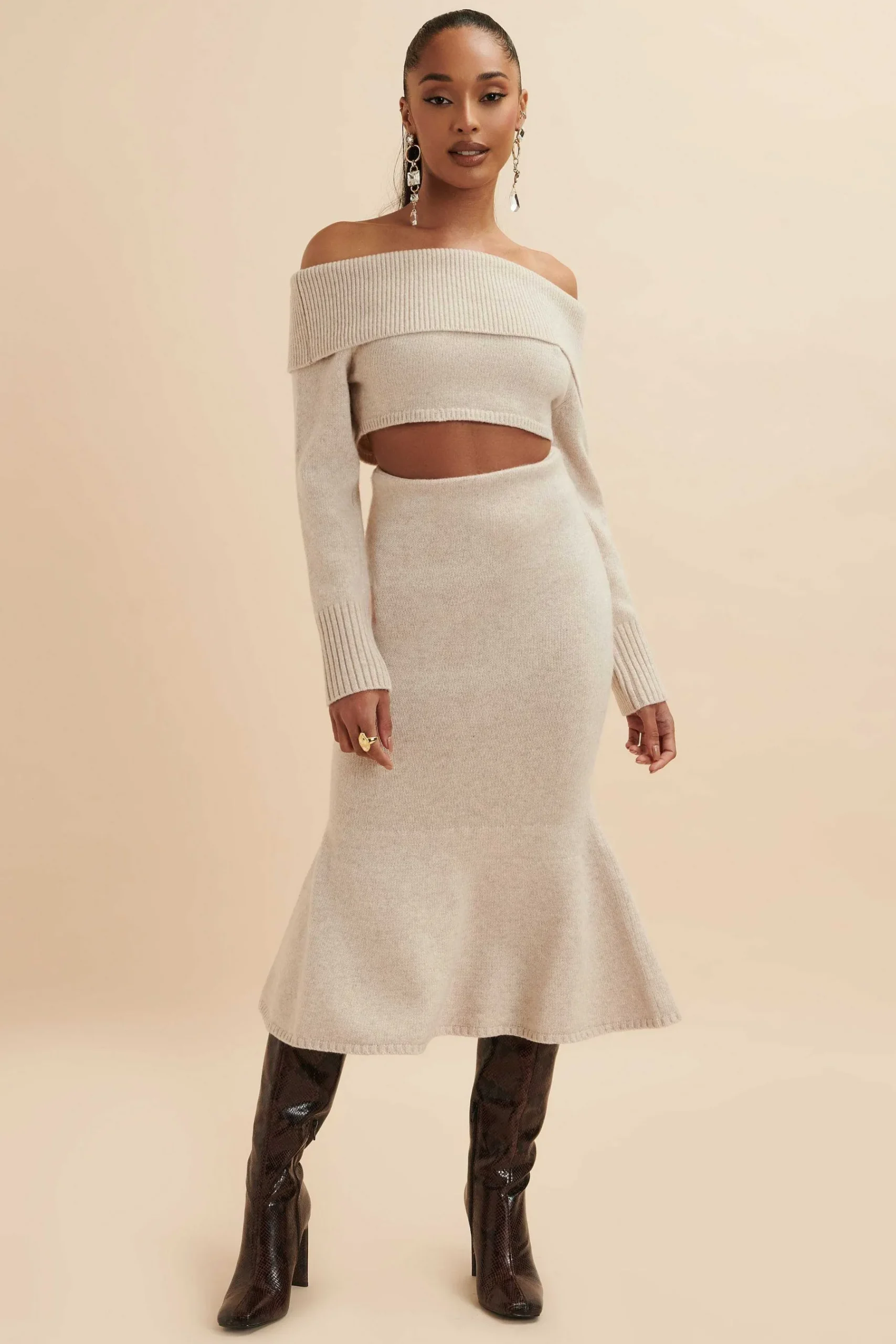 Eleni Knitted Wool Fit & Flare Midi Skirt In Stone<Lavish Alice Store