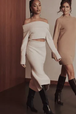 Eleni Knitted Wool Fit & Flare Midi Skirt In Stone<Lavish Alice Store