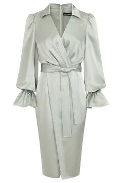 Elise Satin Wrap Shirt Dress In Sage<Lavish Alice Shop