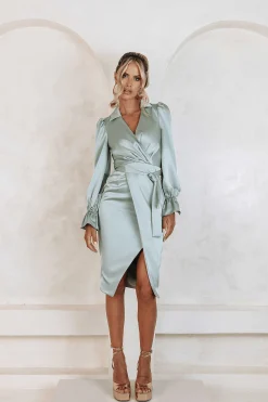 Elise Satin Wrap Shirt Dress In Sage<Lavish Alice Shop
