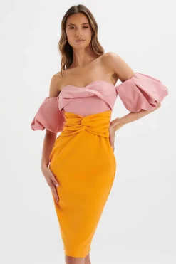 Eliza Colour Block Twisted Midi Dress In Pink & Papaya<Lavish Alice Flash Sale