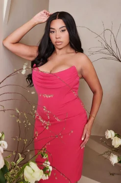 Eliza Curve Strapless Cowl Corset Midi Dress In Magenta Pink<Lavish Alice Best