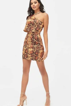 Emilia Satin One Shoulder Cape Mini Dress In Golden Yellow Snake Print<Lavish Alice Store