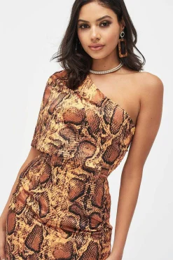 Emilia Satin One Shoulder Cape Mini Dress In Golden Yellow Snake Print<Lavish Alice Store