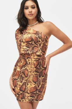 Emilia Satin One Shoulder Cape Mini Dress In Golden Yellow Snake Print<Lavish Alice Store