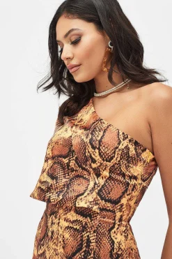 Emilia Satin One Shoulder Cape Mini Dress In Golden Yellow Snake Print<Lavish Alice Store