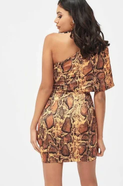 Emilia Satin One Shoulder Cape Mini Dress In Golden Yellow Snake Print<Lavish Alice Store