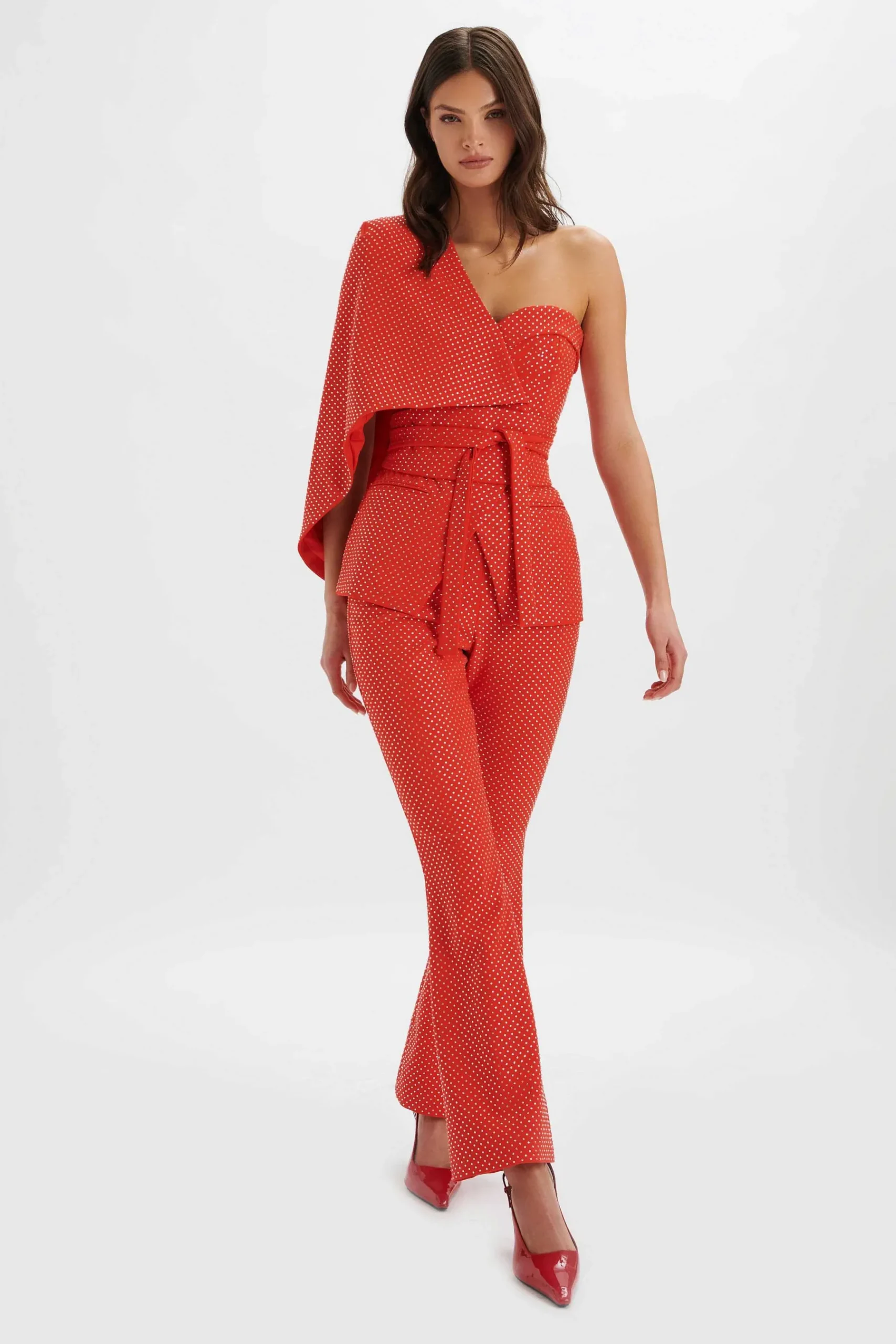 Erin Crystal Embellished Asymmetric Cape Blazer In Red<Lavish Alice Outlet