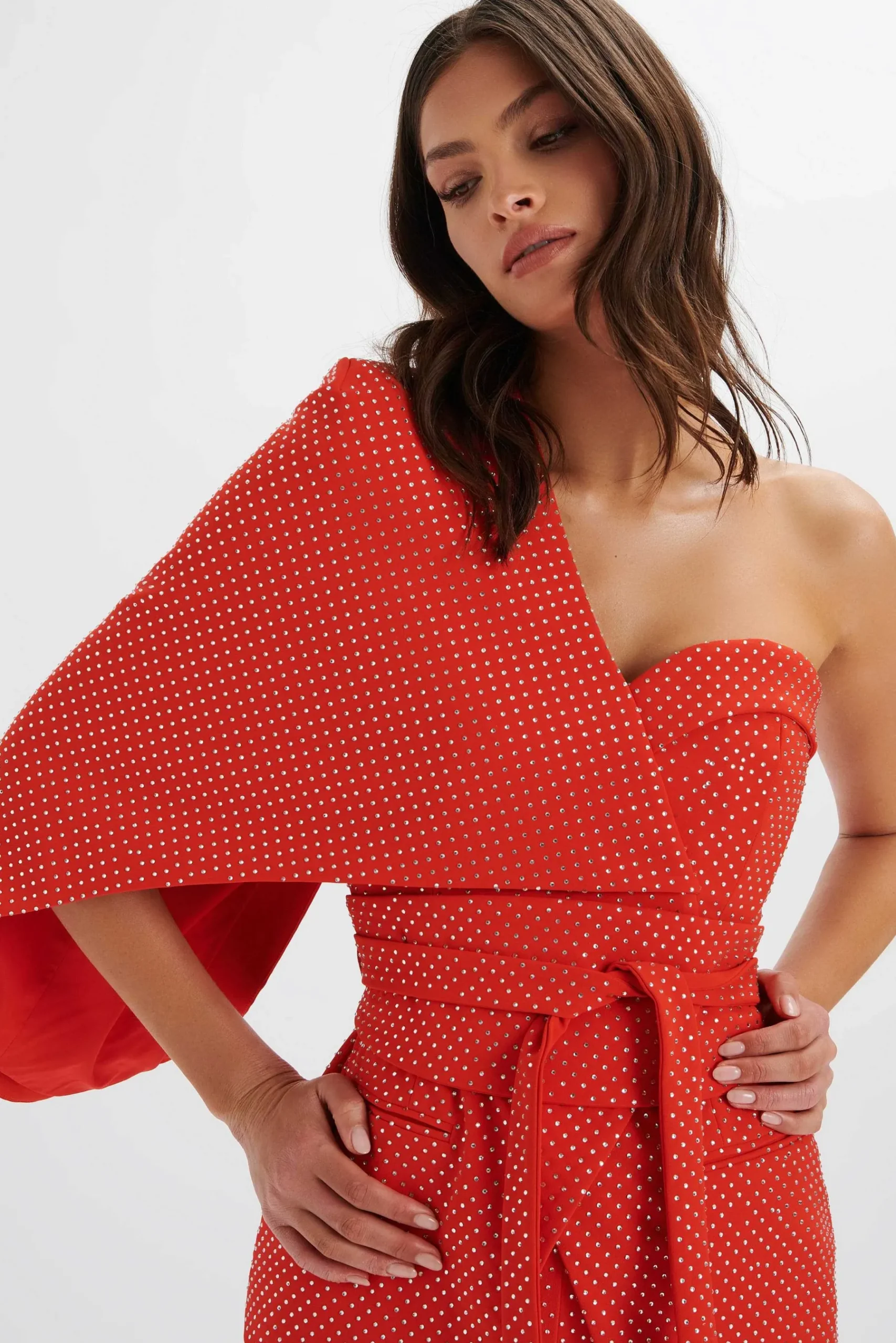 Erin Crystal Embellished Asymmetric Cape Blazer In Red<Lavish Alice Outlet