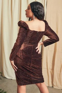 Esme Curve Diamante Velvet Puff Sleeve Midi Dress In Chocolate<Lavish Alice Shop