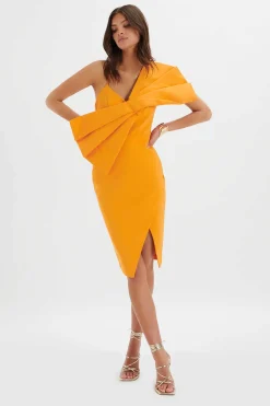 Esther Bow Detail Wrap Skirt Midi Dress In Orange<Lavish Alice New