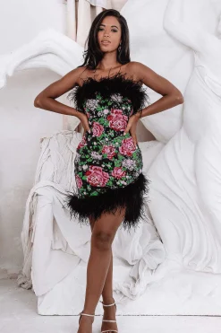 Francesca Feather Bandeau Mini Dress In Bespoke Rose Sequin<Lavish Alice New