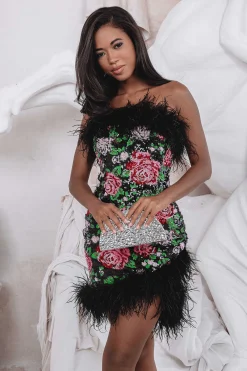 Francesca Feather Bandeau Mini Dress In Bespoke Rose Sequin<Lavish Alice New