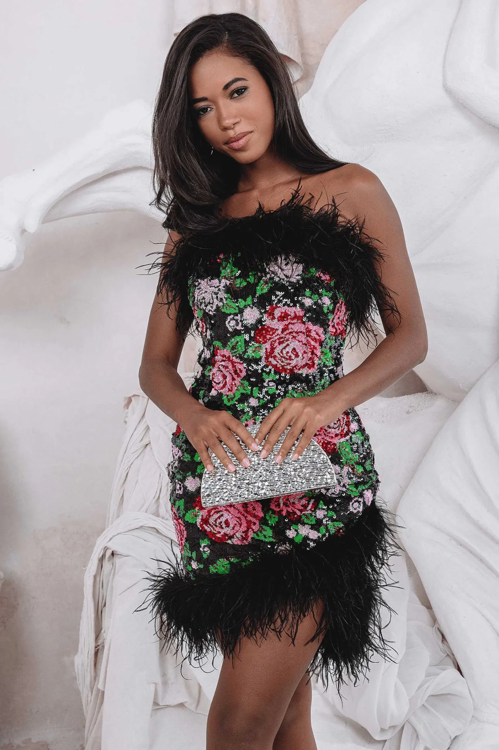 Francesca Feather Bandeau Mini Dress In Bespoke Rose Sequin<Lavish Alice New