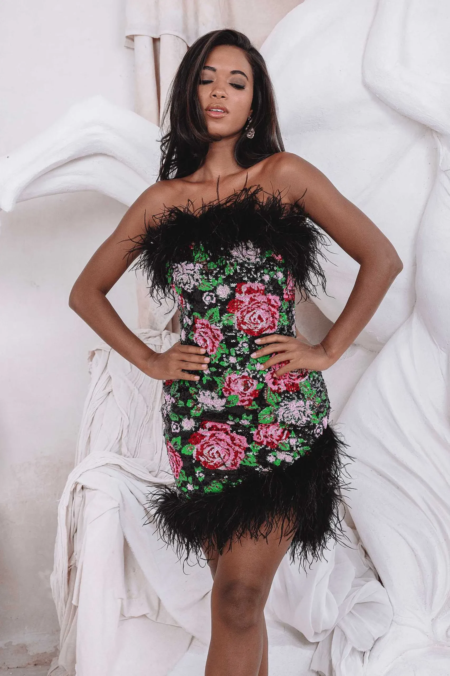 Francesca Feather Bandeau Mini Dress In Bespoke Rose Sequin<Lavish Alice New