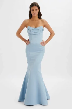 Freya Bonded Satin Cowl Neck Maxi Dress In Dusty Blue<Lavish Alice Online