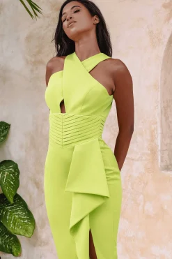 Gwendolyn Cross Neck Pleat Waist Midi Dress In Chartreuse<Lavish Alice Store