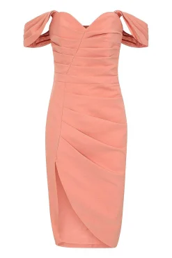 Hailey Pleated Bardot Midi Dress In Coral<Lavish Alice Online