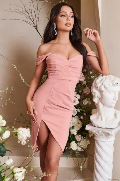 Hailey Pleated Bardot Midi Dress In Coral<Lavish Alice Online