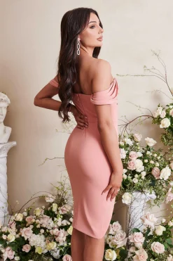 Hailey Pleated Bardot Midi Dress In Coral<Lavish Alice Online