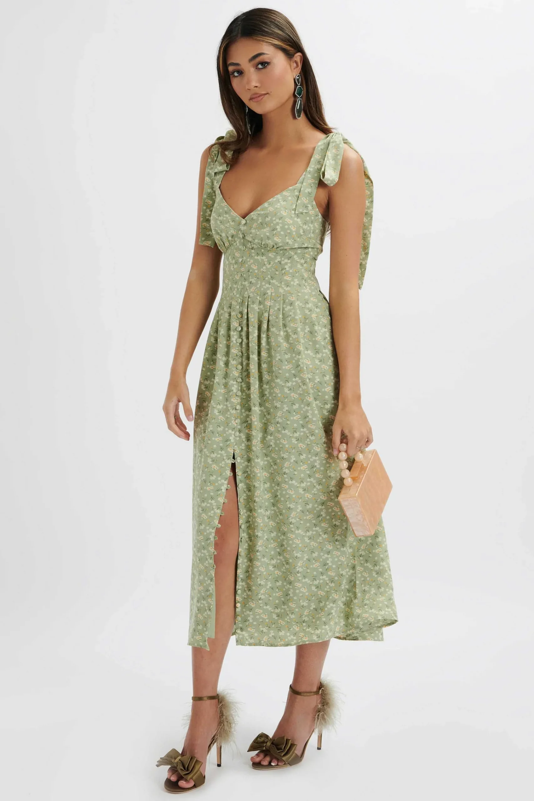 Halle Micro Button Midi Sundress In Ditsy Floral Sage Green<Lavish Alice Cheap