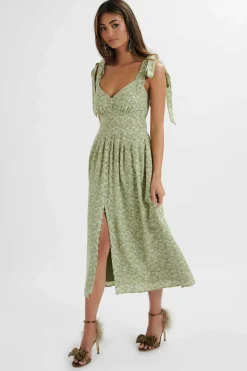 Halle Micro Button Midi Sundress In Ditsy Floral Sage Green<Lavish Alice Cheap