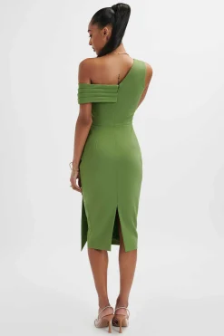 Hannah Pleated Asymmetric Off Shoulder Midi Dress In Green<Lavish Alice Cheap