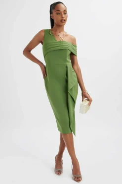Hannah Pleated Asymmetric Off Shoulder Midi Dress In Green<Lavish Alice Cheap