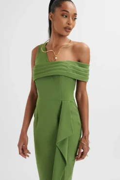 Hannah Pleated Asymmetric Off Shoulder Midi Dress In Green<Lavish Alice Cheap