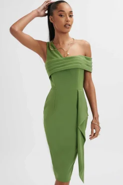 Hannah Pleated Asymmetric Off Shoulder Midi Dress In Green<Lavish Alice Cheap
